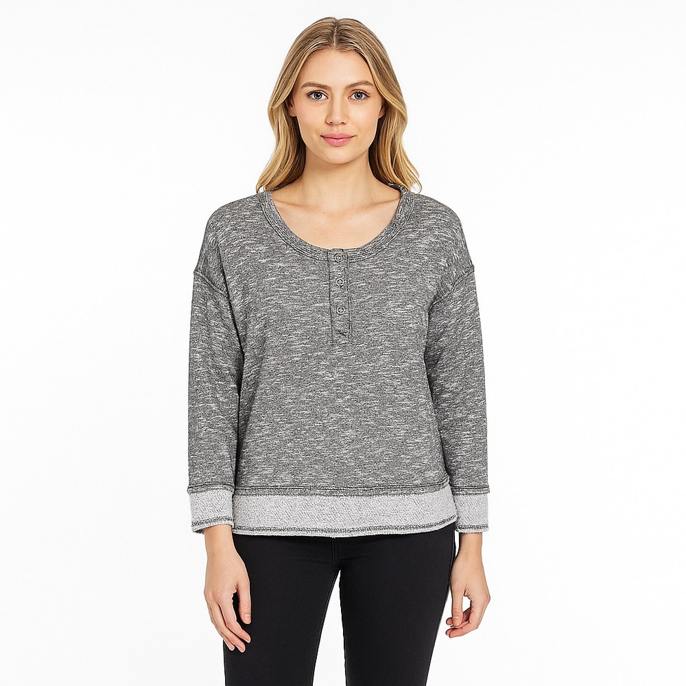 Andrea Jovine Henley Space Marled Gray Cozy Sweatshirt Top Women’s Size Small